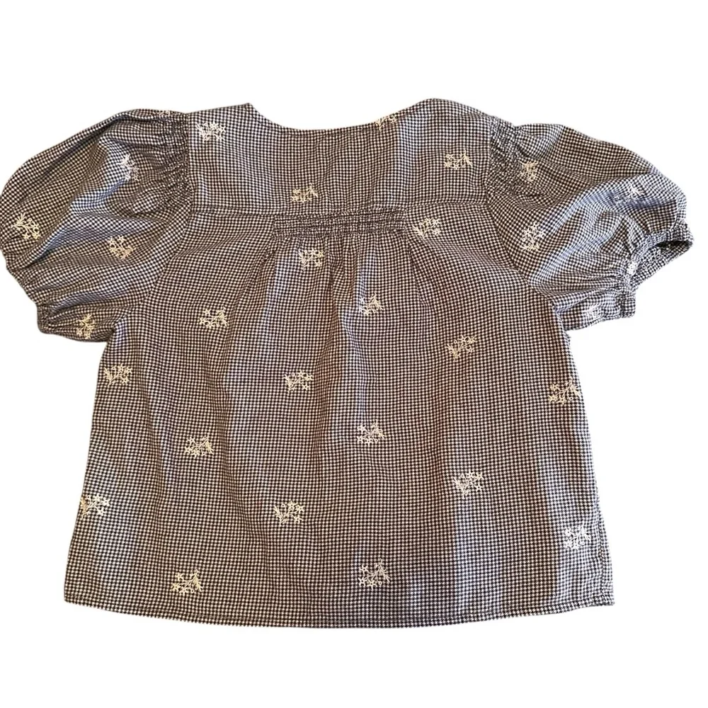 Madewell Black Gingham Floral Blouse S Embroidered Puff Sleeve Cottagecore Top
